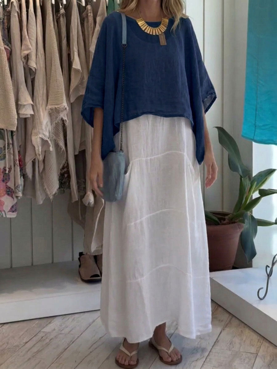 Women's Solid Color Round Neck 3/4-sleeve Casual Loose Cover-up Top & Sleeveless Loose Cotton-linen Dress Set