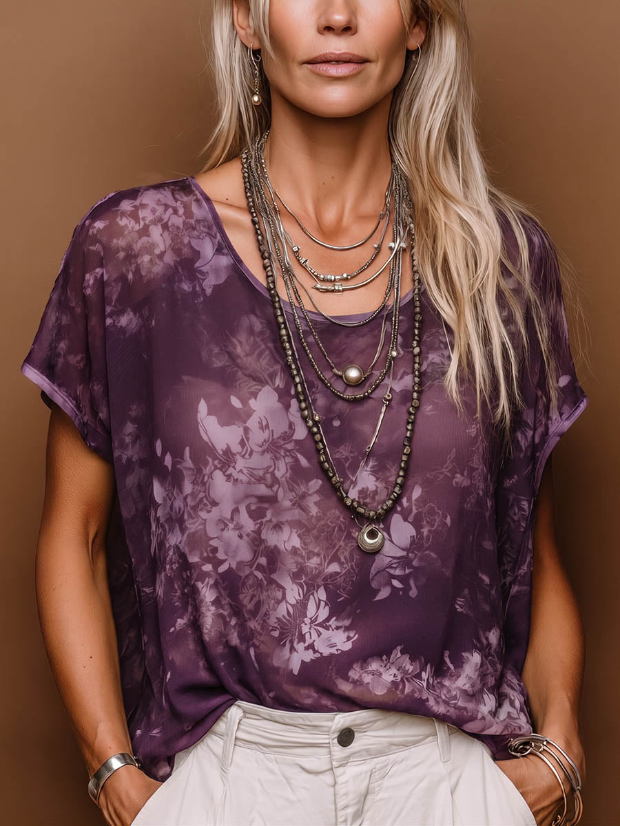 Women's Vintage-print Round-neck Short-sleeve Casual Loose Chiffon Top