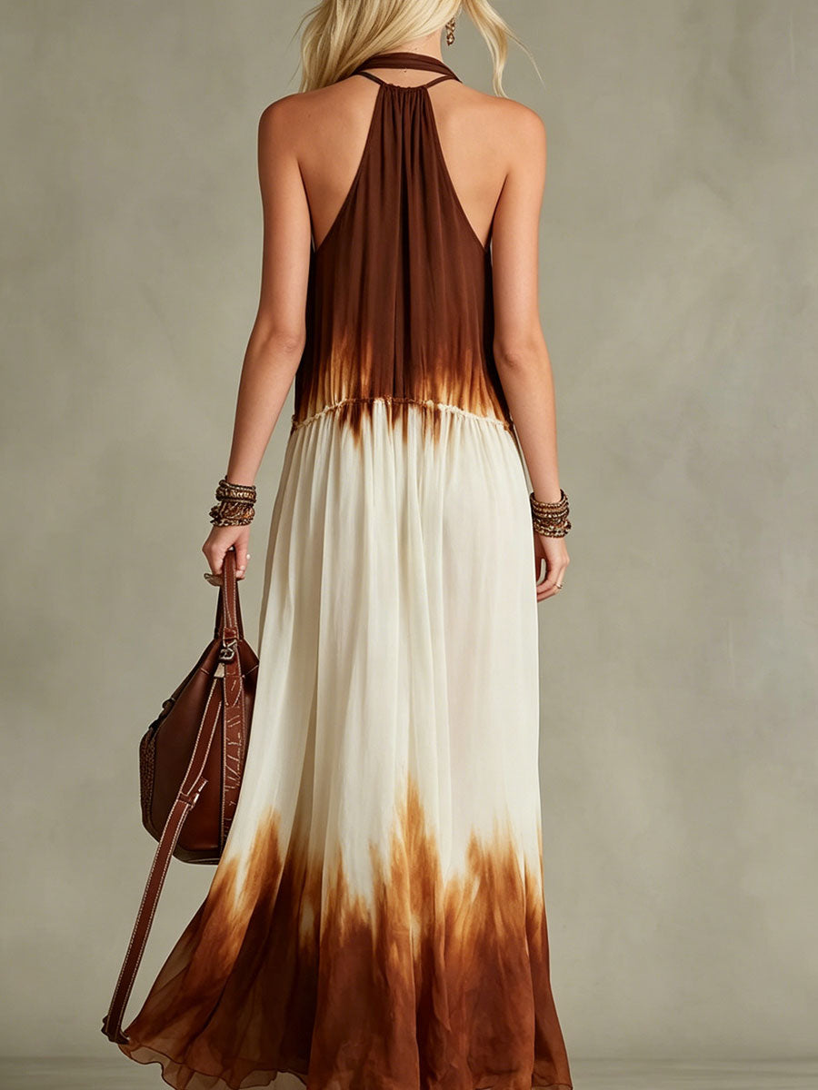 Women's Retro Color-blockOff-white Gradient Silk Sleeveless Maxi Dress