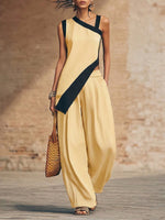 Stylish Irregular Contrast-color Trim Cotton-linen Two-piece Set