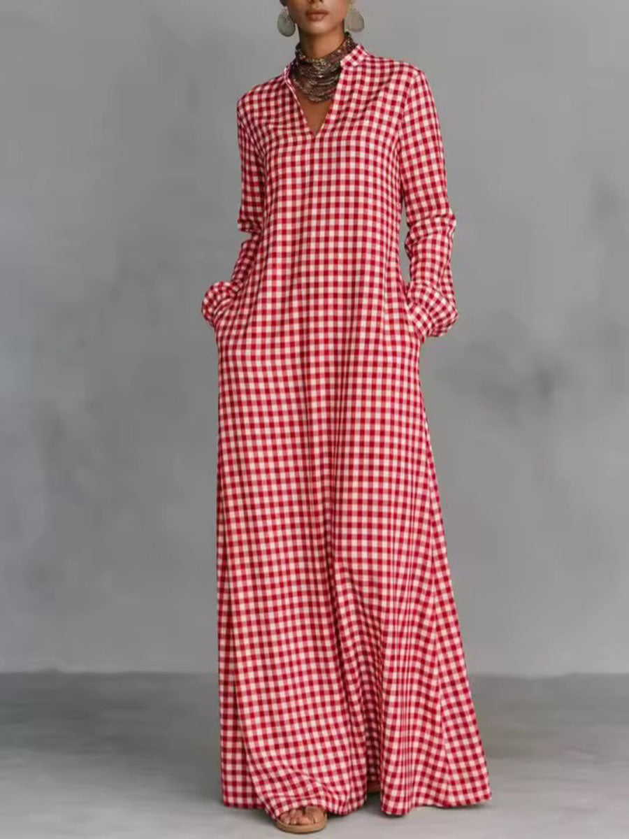 Women's Plaid Print V-neck Long-sleeved Casual Loose Cotton And Linen Dress