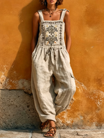 Cotton-linen Bohemian Embroidered Drawstring Jumpsuit
