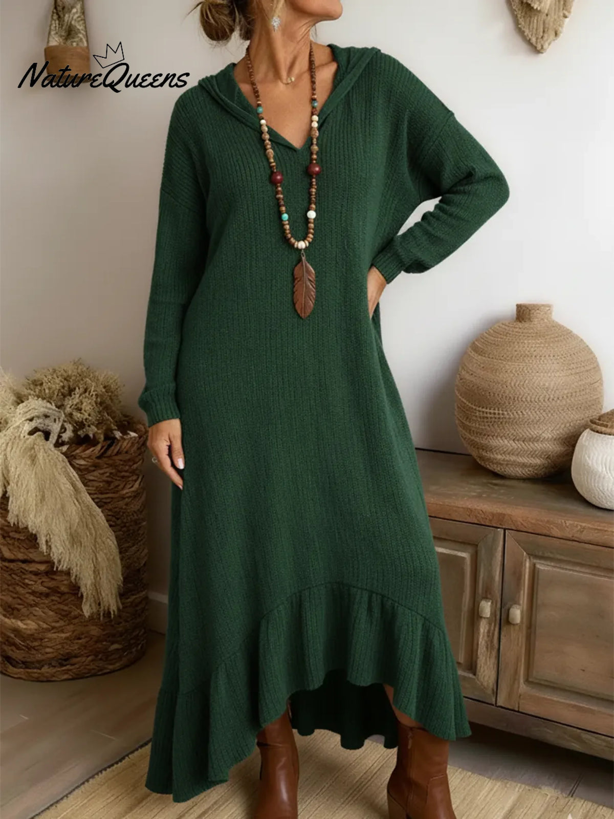 Boho Casual Loose-fitting Hooded Ruffled Hem Midi Knit Dress