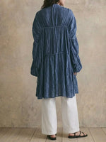 Women Crinkled Textured Open Front Long Cardigan, Drawstring Ruched Balloon Sleeve Ruffle Hem Casual Duster Coat