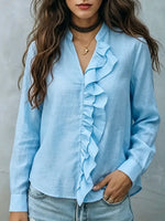 Women's Cotton-linen Shirt With Ruffle Trim