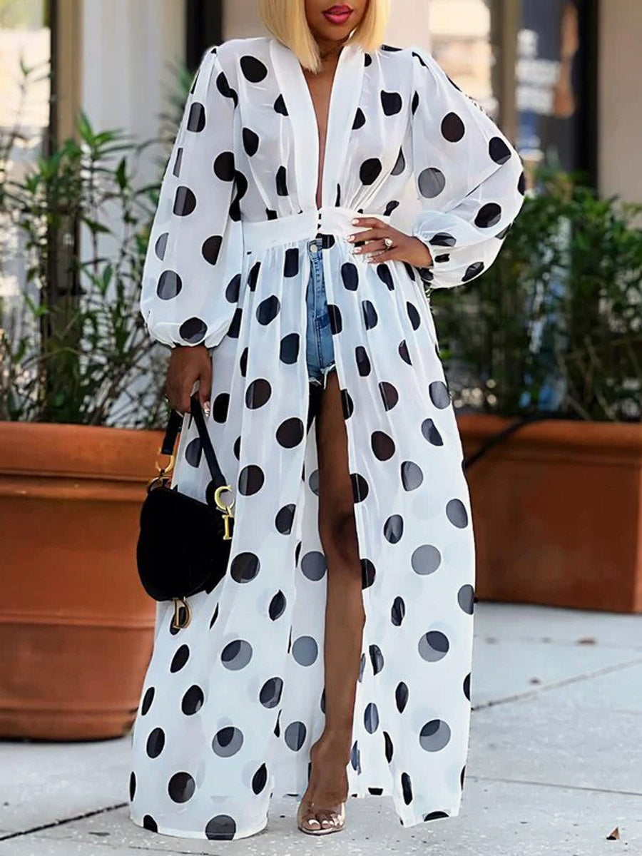 Women's Retro Polka Dot Art Print Casual Sheer Stylish Comfortable Long Shirt Dress