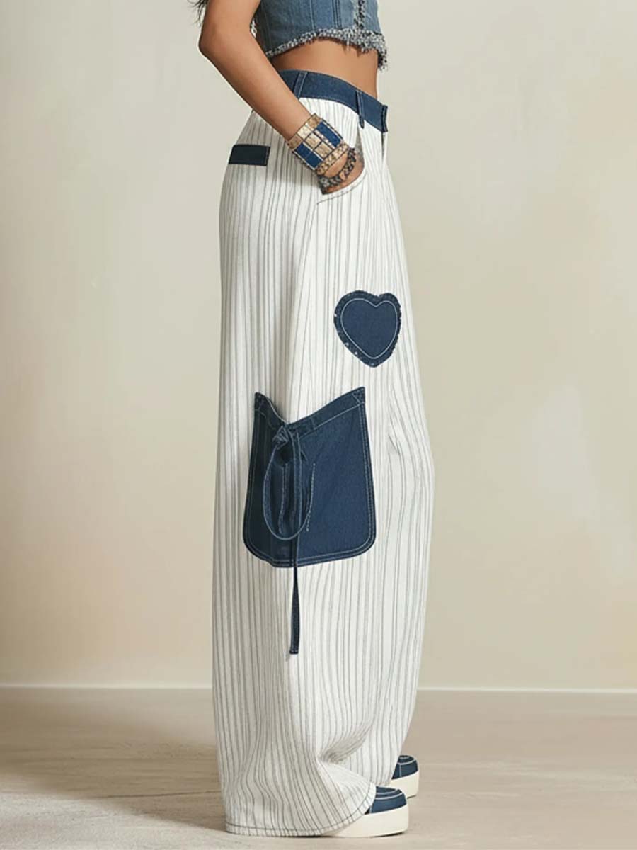 Women's Retro Striped Pattern Art Casual Cotton Denim Patchwork Pants