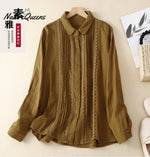 Women's Patchwork Lace Trim Linen And Cotton Pleated Shirt