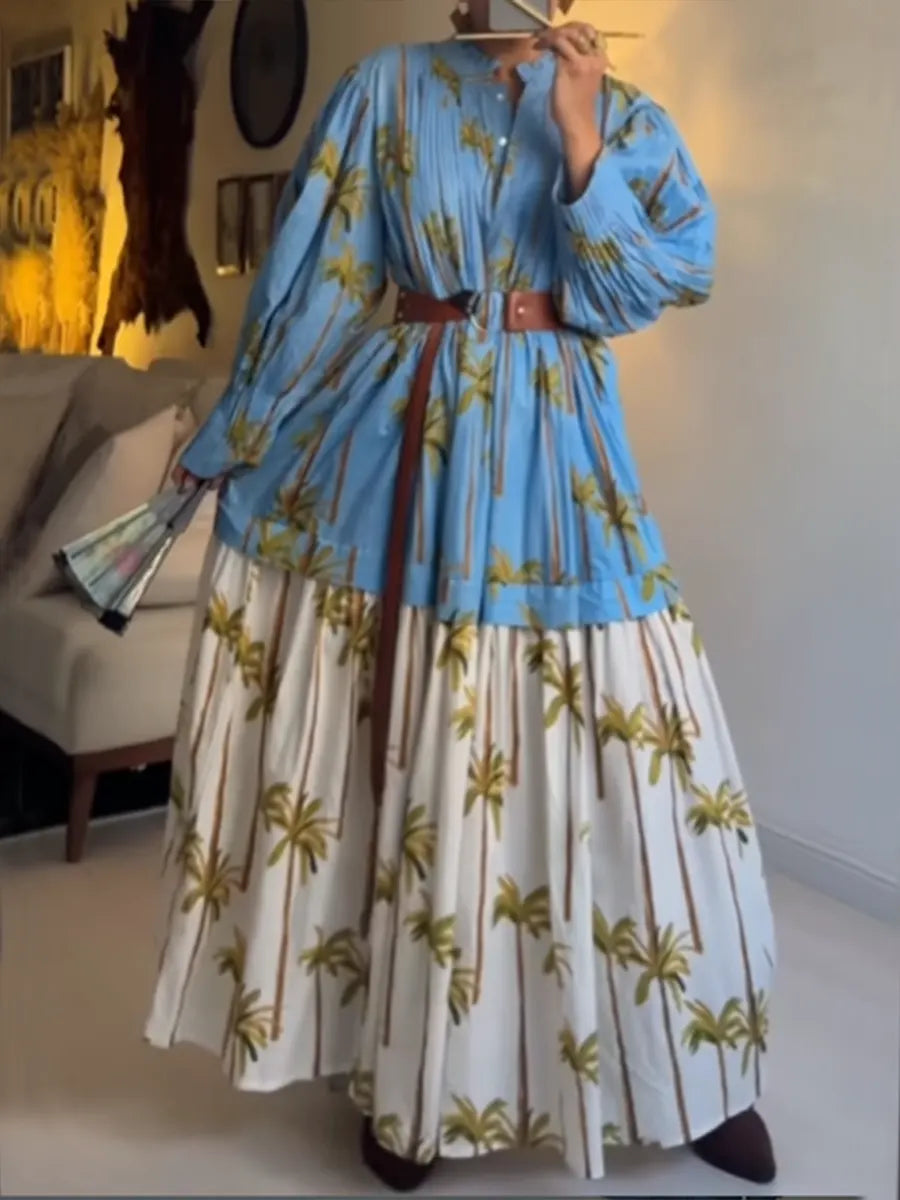 Women's Palm Tree Print Resort-style Patchwork Cotton Dress