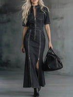 Casual Zippered Denim Fishtail Dress