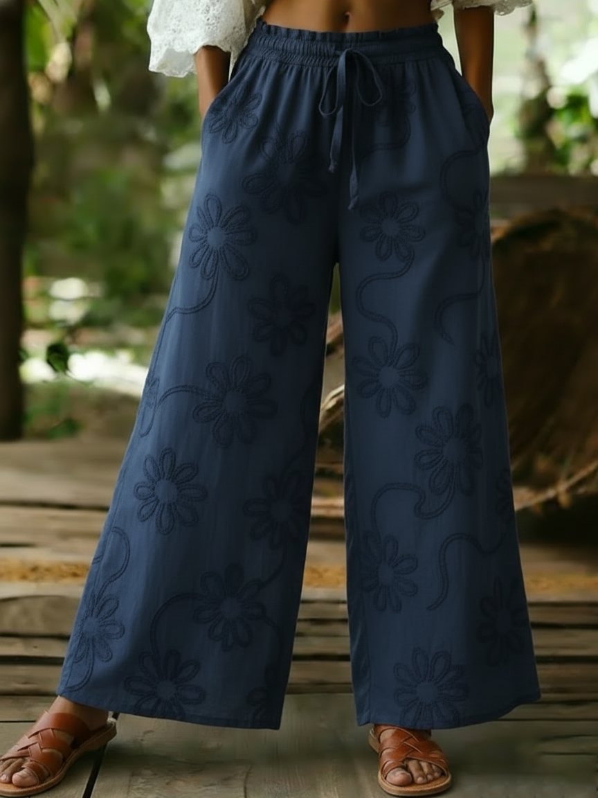 Cozy Romantic Floral Embroidery Cotton Wide-leg Pants
