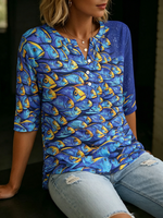 “Deep Sea Dream" Fish Print Henley Cotton T-shirt