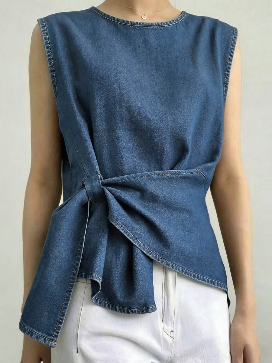 Women's Round Neck Sleeveless Loose-fitting Casual Denim Top