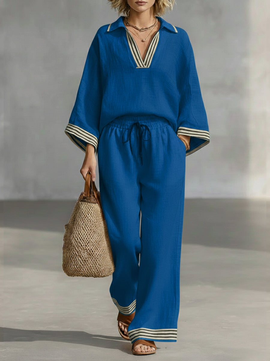 Casual Patchwork Striped Linen And Cotton Shirt And Pants Two-piece Set