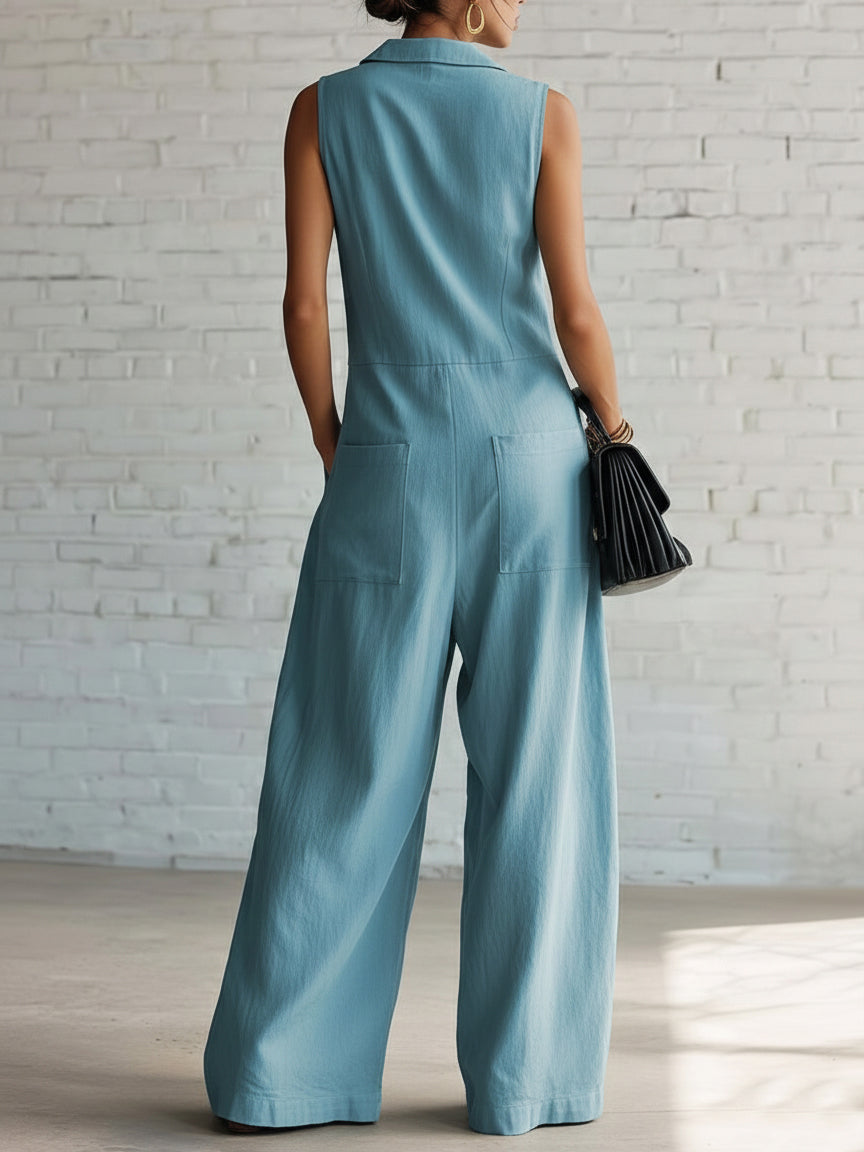 Elegant Lapel Button-up Loose-fitting Linen Jumpsuit