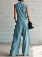 Elegant Lapel Button-up Loose-fitting Linen Jumpsuit