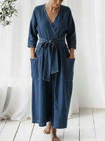 Casual Loose-fitting Denim Jumpsuit With Waist Tie