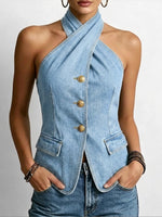 Stylish Casual Halter-neck Denim Top