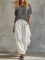 Casual Striped Cotton T-shirt And Lace-paneled Linen-cotton Trousers Two-piece Set
