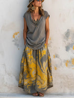 Women's Solid-color Crew Neck Short-sleeve Loose-fit Cotton-linen Top & High-waisted A-line Printed Cotton-linen Skirt Set