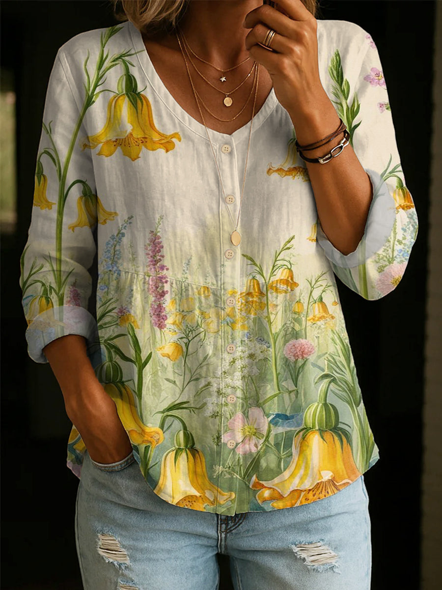 Floral Art Pattern Casual Cotton-linen Shirt
