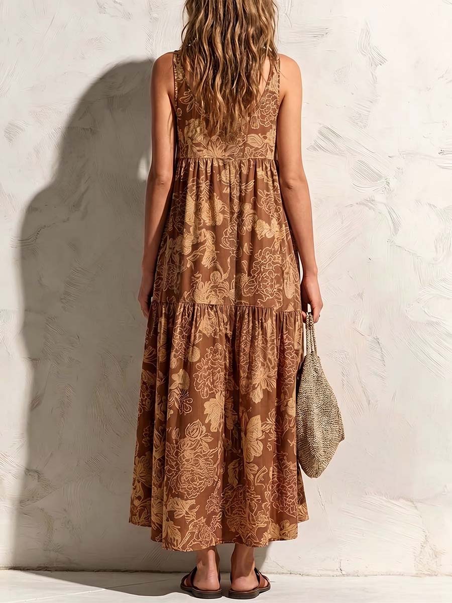 Women's Vintage Print Crew Neck Sleeveless Casual Loose Cotton-linen Dress