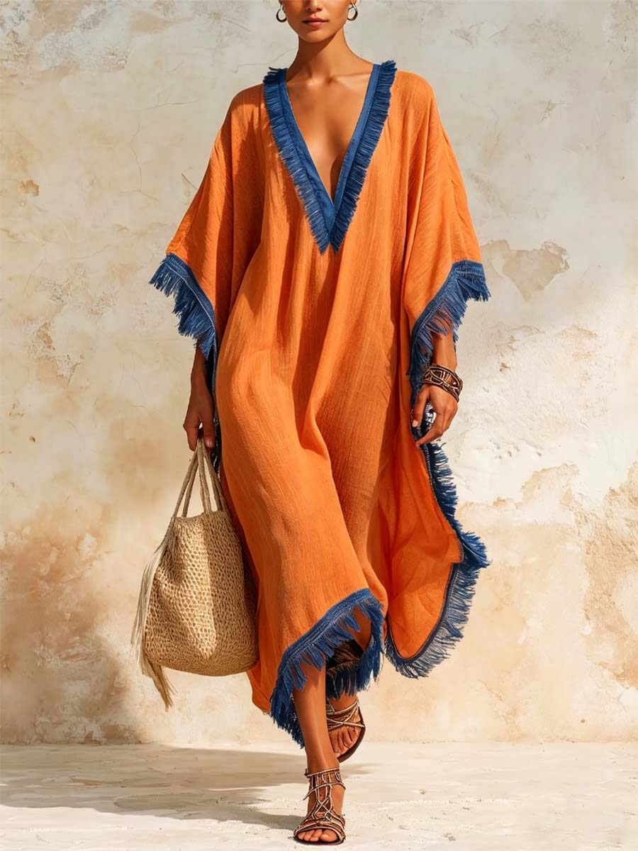 Women's Breathable Fringed Trim Art Casual Stylish Comfortable Cotton Linen Dress