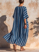Casual Loose-fit Striped Linen And Cotton Dress
