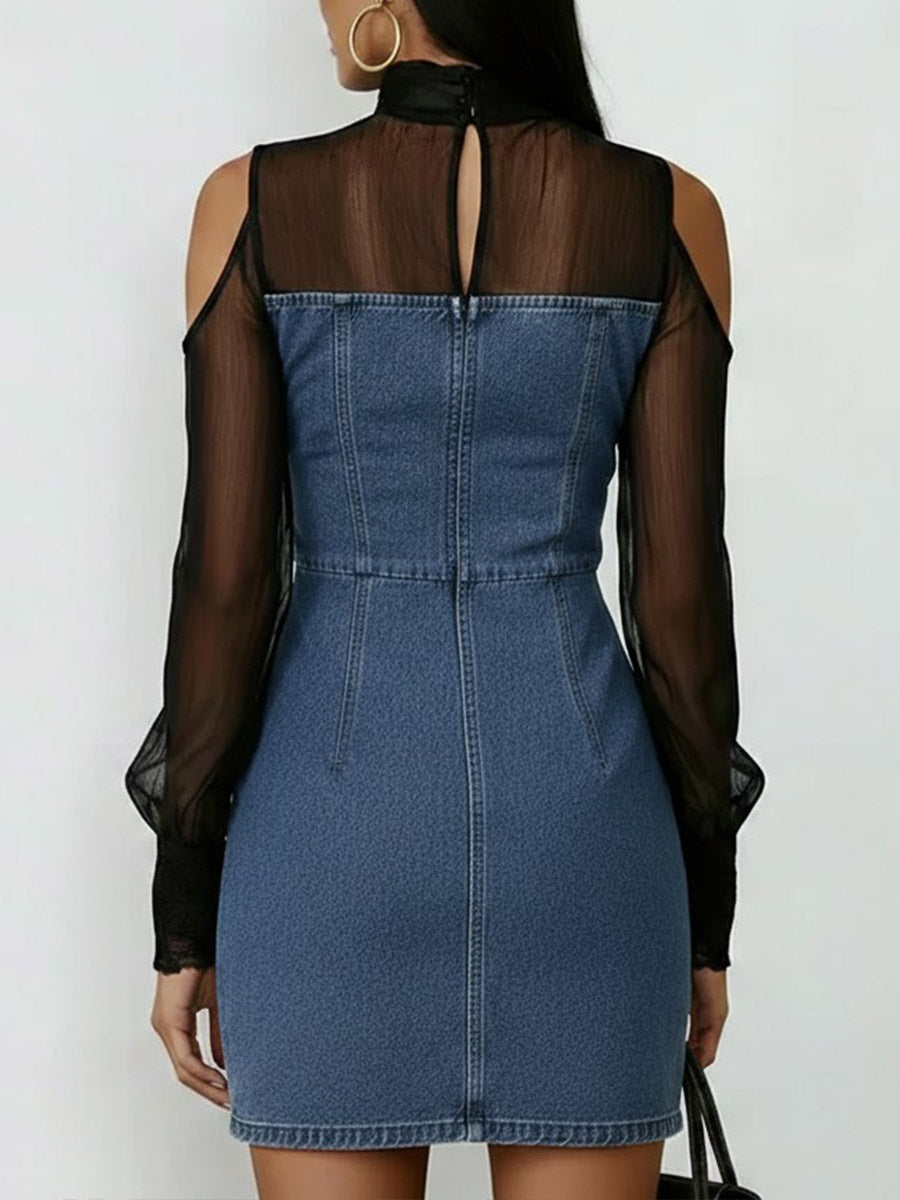 Women's Stand Collar Long Sleeve Chiffon Patchwork Casual Slim Denim Dress