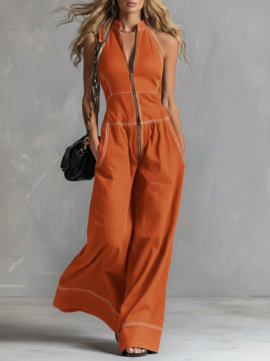 Casual Zippered Cotton Jumpsuit