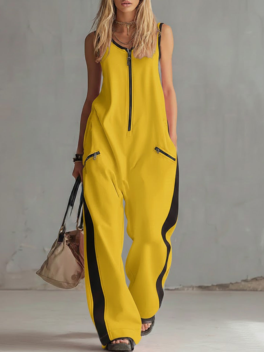 Women's Round Neck Sleeveless Casual Loose-fitting Cotton Wide-leg Jumpsuit