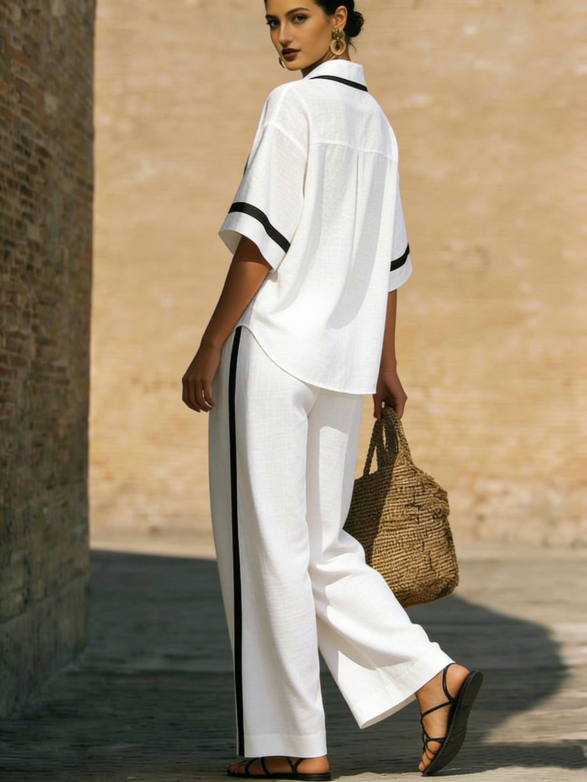 Stylish Trimmed Edge Color-blocked Cotton Linen Two-piece Set