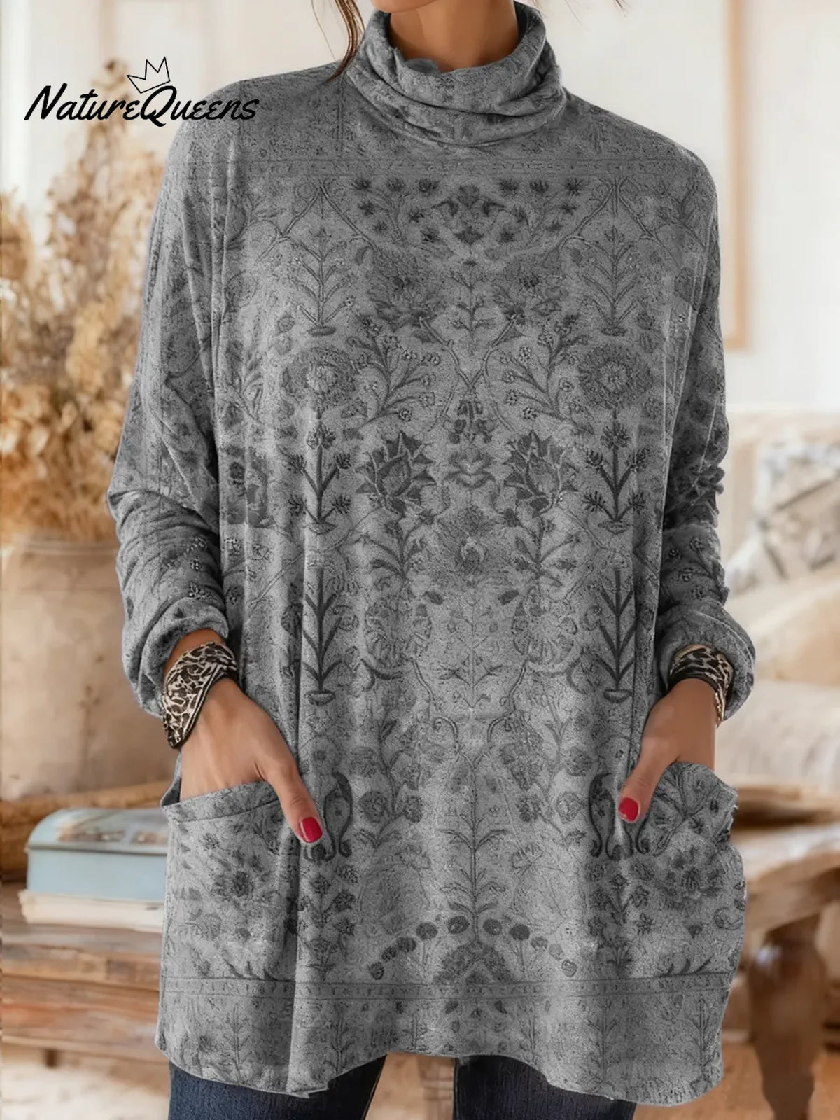 Women's Retro Print High-neck Long-sleeve Casual Loose Cotton Top