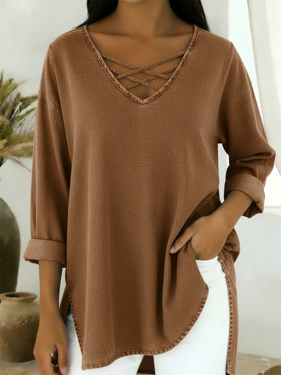 Casual Loose-fitting V-neck Denim Cotton Top