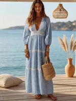 Stylish Casual Striped & Lace-trimmed Linen-cotton Maxi Dress