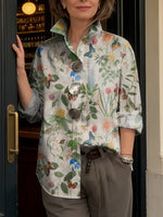 Women's Artistic Butterfly & Floral Print Cotton Shirt — Lapel Collar, Long Sleeve, Casual Loose Fit