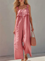 Women's Solid Color Square-neck Sleeveless Casual Loose Ruffled Wide-leg Jumpsuit