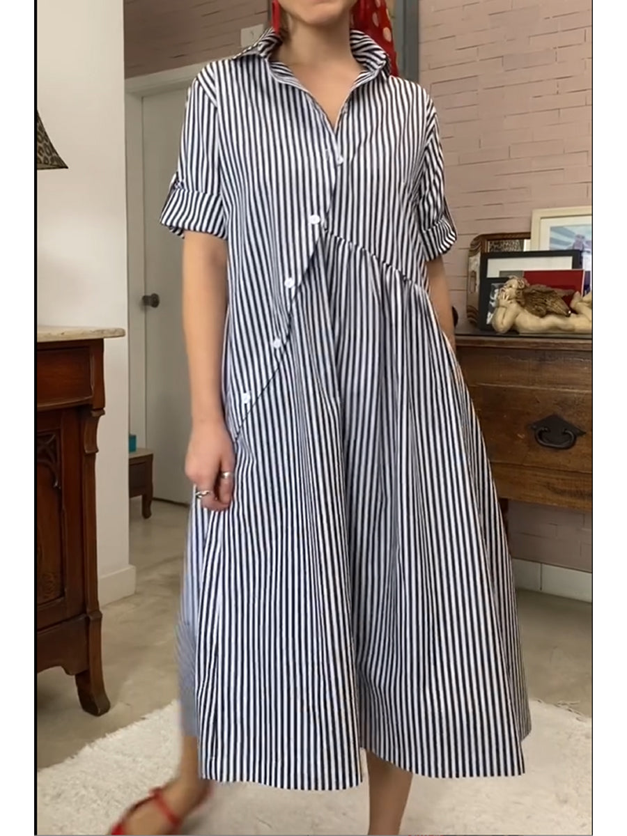 Casual Striped Cotton Shirt Dress