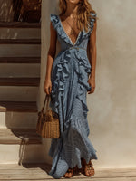 Striped Ruffled Deep V-neck Maxi Dress