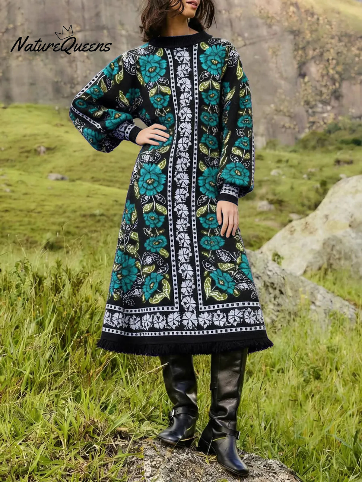 Women's Retro Floral Ethnic Print Stand Collar Long Sleeve Casual Loose Knit Dress