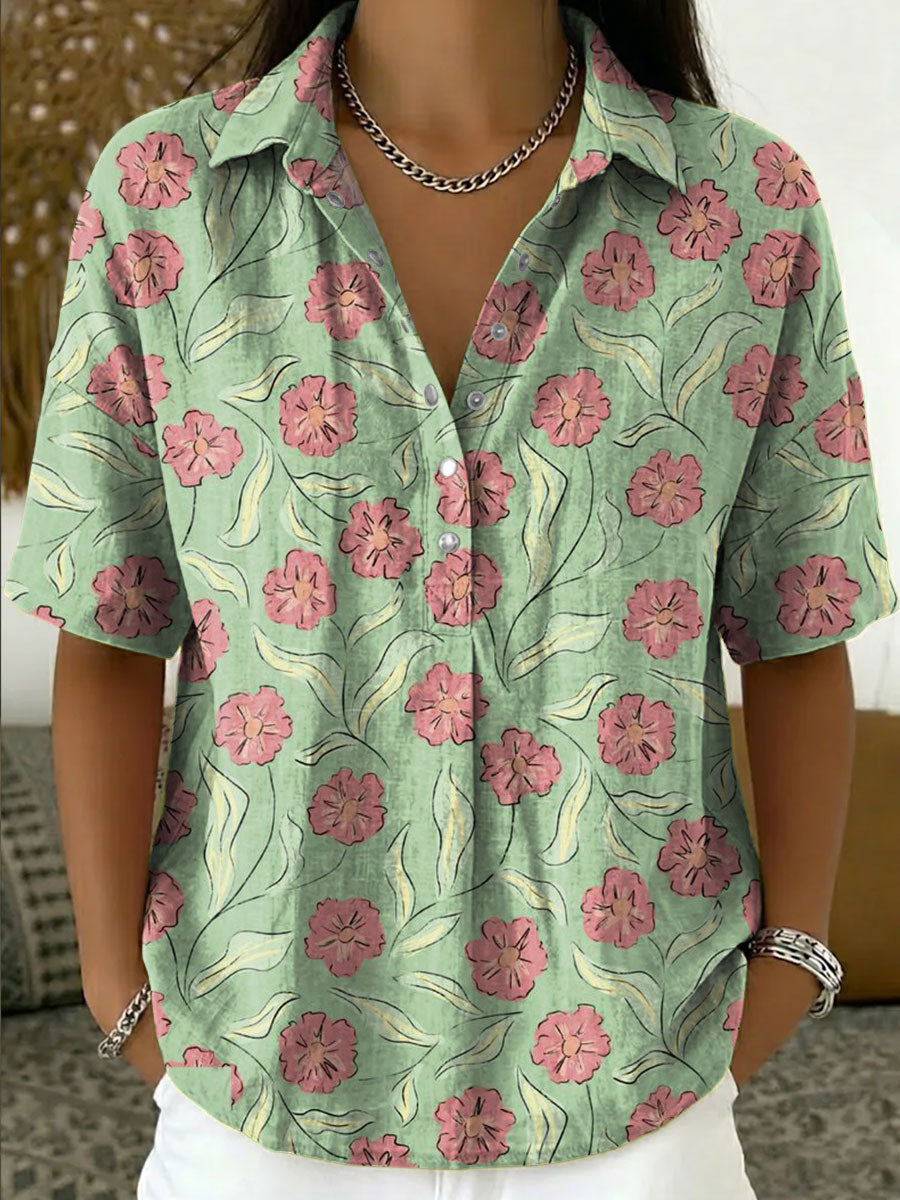 Women's Vintage Botanical Floral Casual Polo Collar Short-sleeved Linen And Cotton Shirt