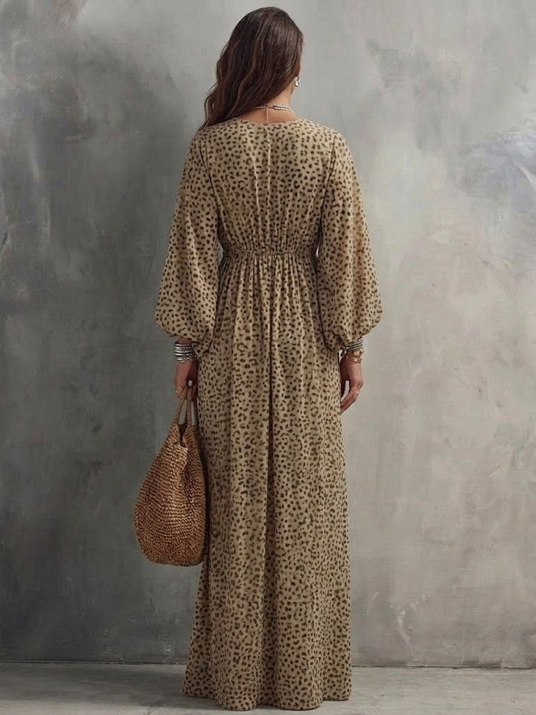 Women's Cinched Waist V-neck Leopard Print Long Dress