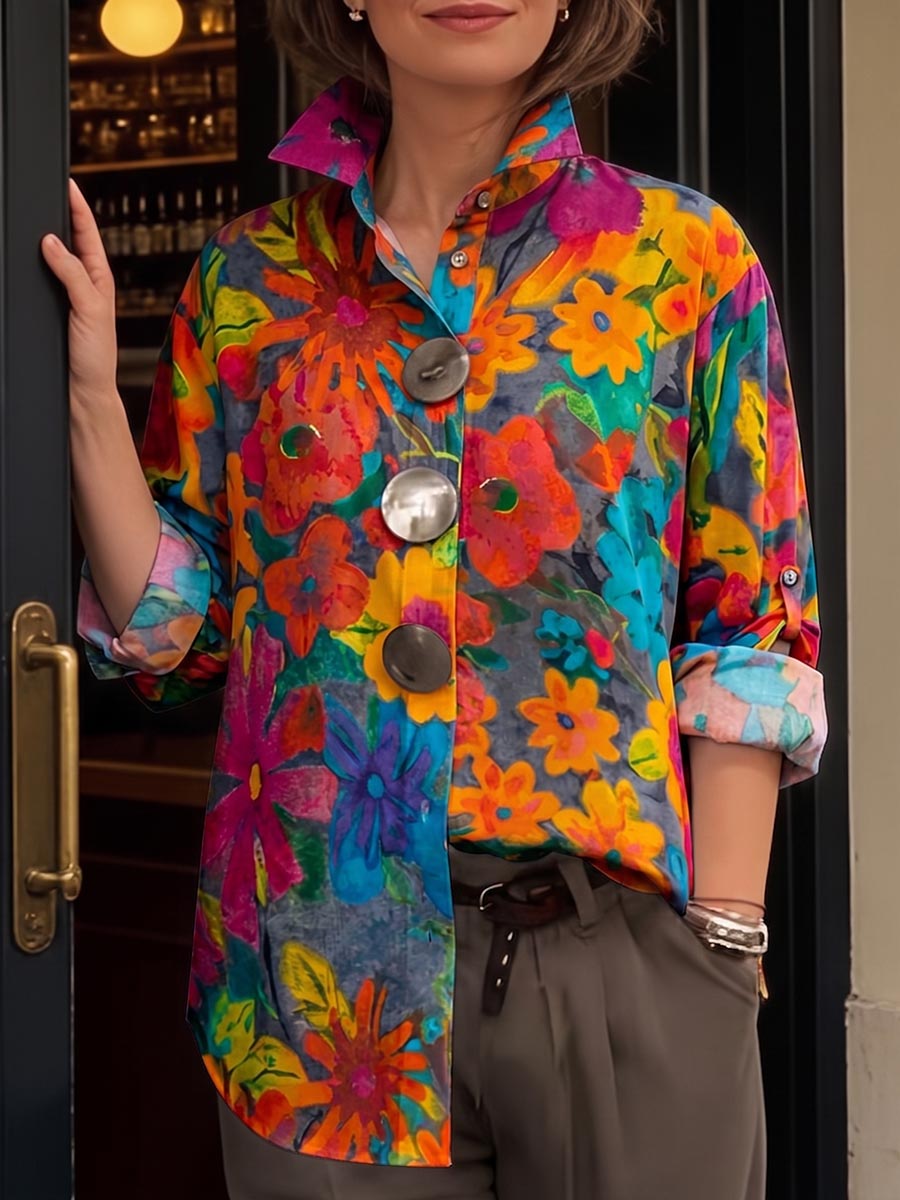 Women's Abstract Print Lapel Long-sleeve Casual Loose Cotton Shirt