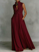 Women's Solid Color Stand Collar Sleeveless Casual Loose Cotton Linen Dress