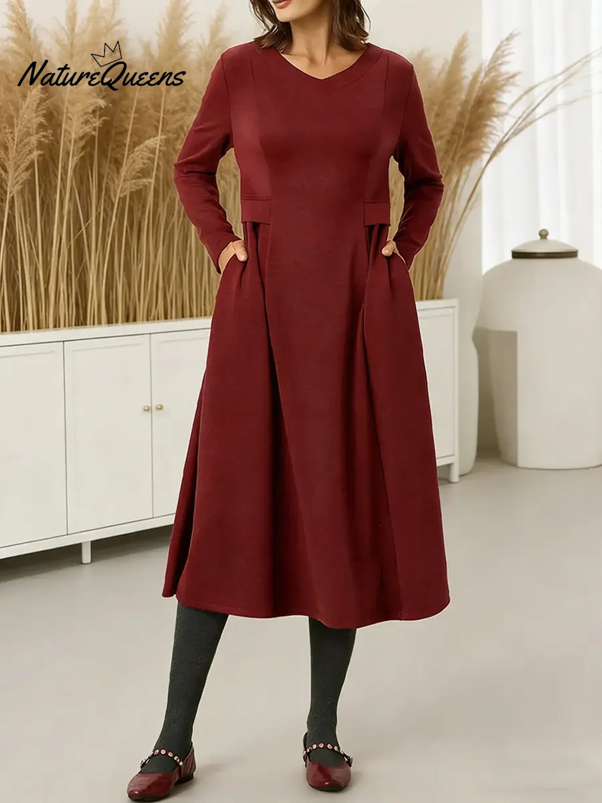 Women's Solid Color V-neck Long Sleeve Casual Loose Knit Dress