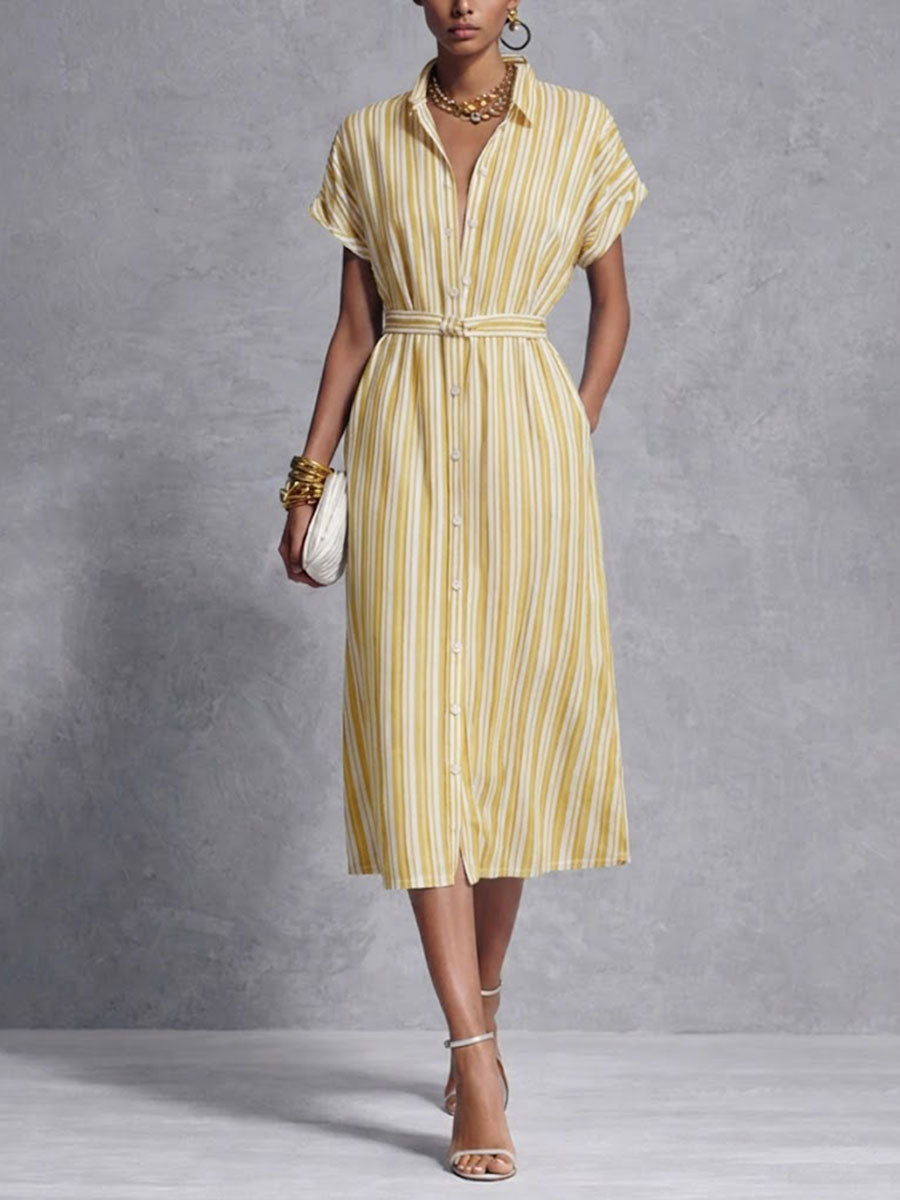 Women's Striped Print Lapel Short-sleeved Casual Loose Shirt Dress