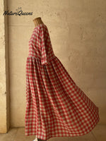 Vintage Plaid Print Button-up Loose Midi Dress