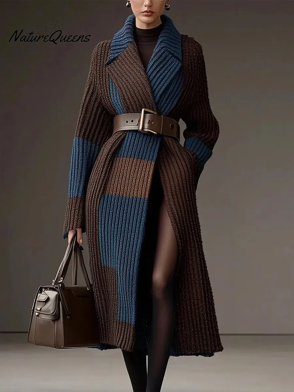 Women's Color-blocked Suit Collar Long Sleeve Casual Loose Long Knit Cardigan