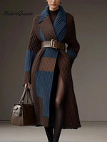 Women's Color-blocked Suit Collar Long Sleeve Casual Loose Long Knit Cardigan