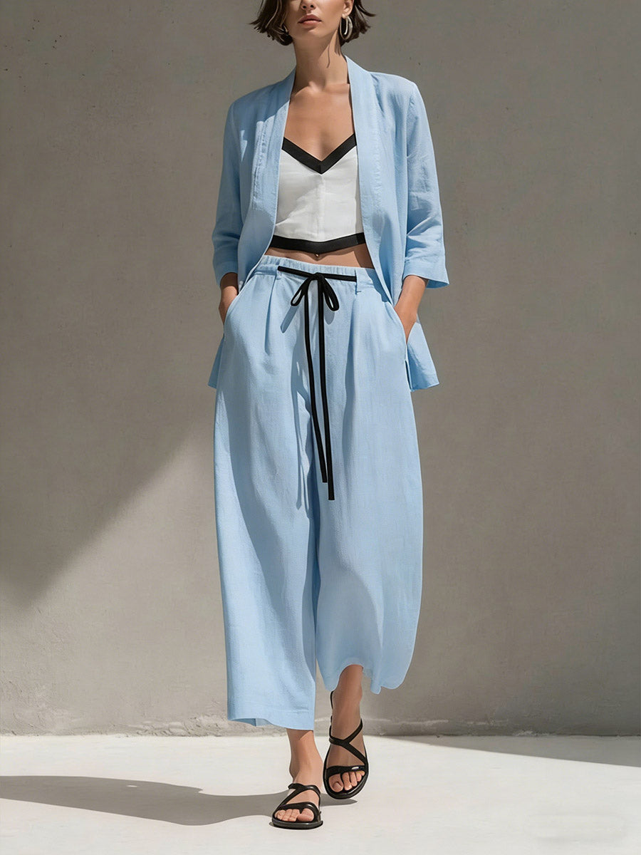 Women's Solid Color Casual Loose Cotton Linen Jacket V-neck Camisole Elastic Waist Drawstring Wide-leg Pants Cotton Linen Three-piece Set